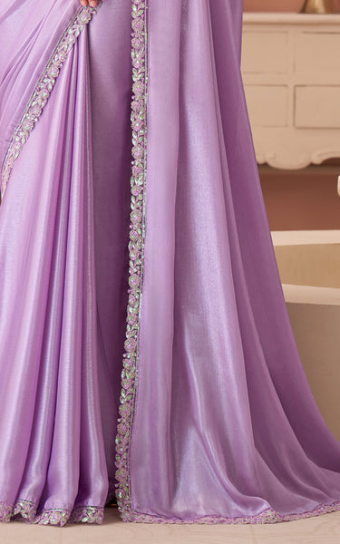 Lavender Solid Poly Georgette Saree with Silk Blend Blouse