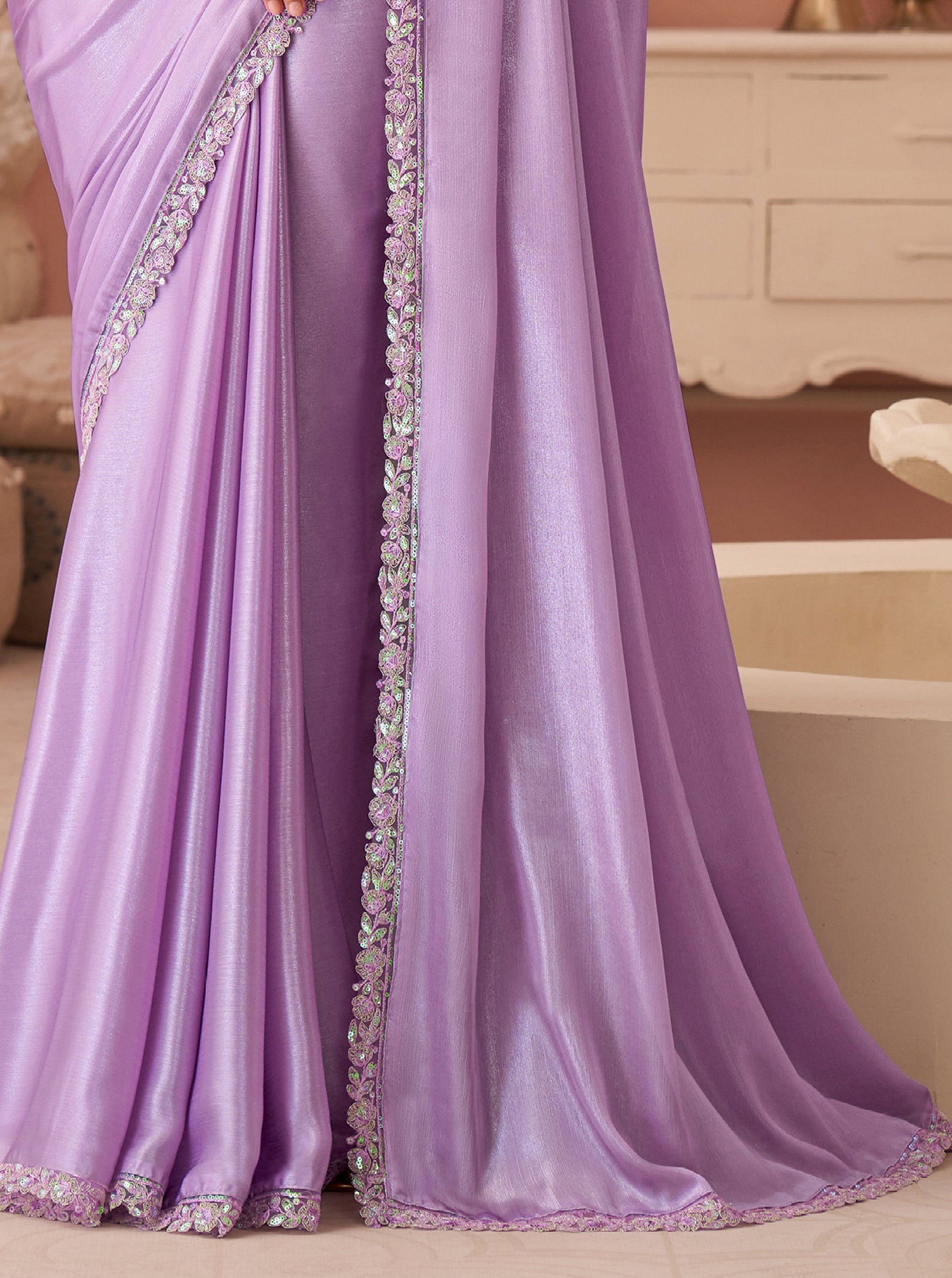 Lavender Solid Poly Georgette Saree with Silk Blend Blouse