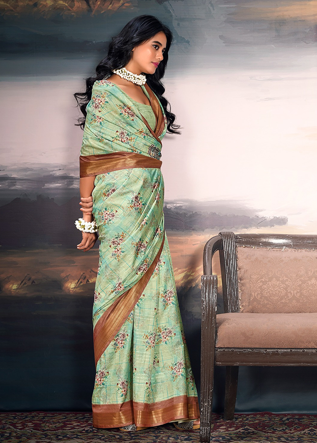 Pure Cotton Silk,Digital Print Organza Saree (Green)