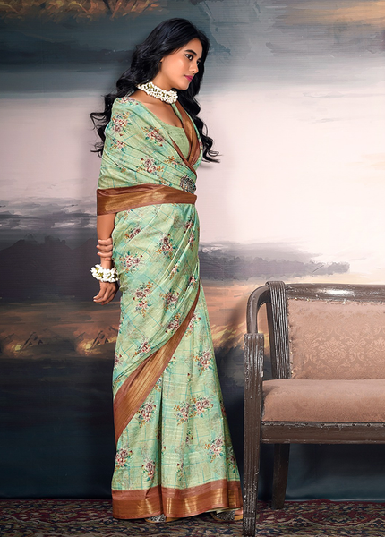 Pure Cotton Silk,Digital Print Organza Saree (Green)