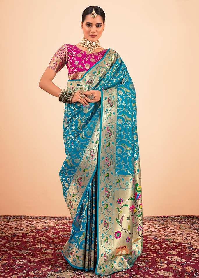 Paithani Silk Saree With Contrast Blouse (Teal Blue)