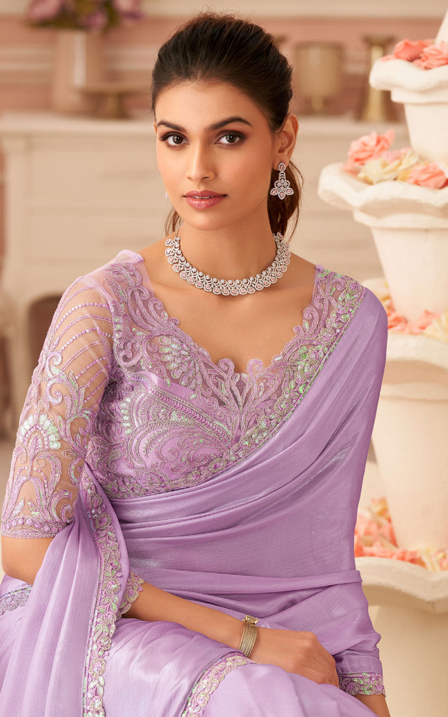 Lavender Solid Poly Georgette Saree with Silk Blend Blouse