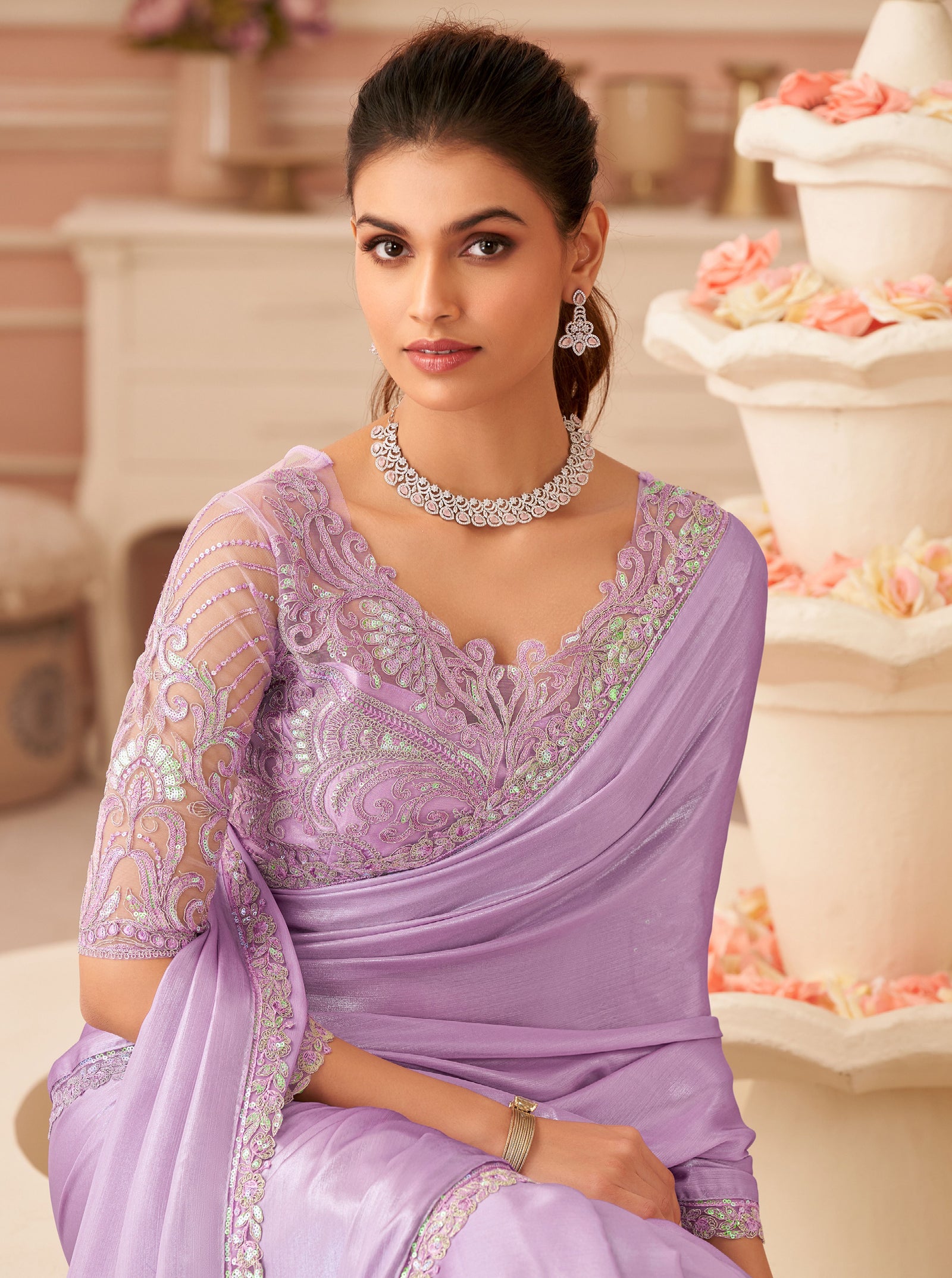 Lavender Solid Poly Georgette Saree with Silk Blend Blouse