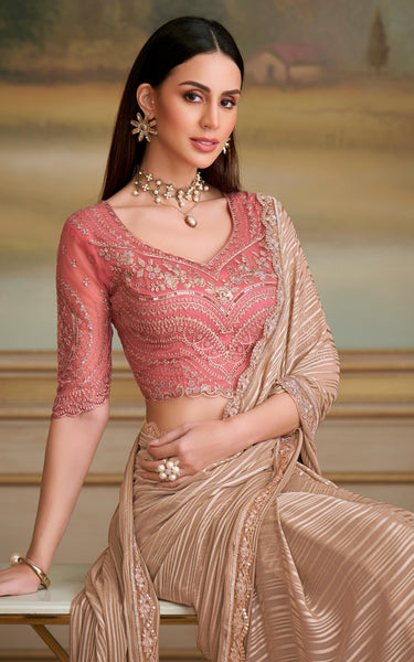 Beige Solid Poly Georgette Saree with Poly Silk Blouse