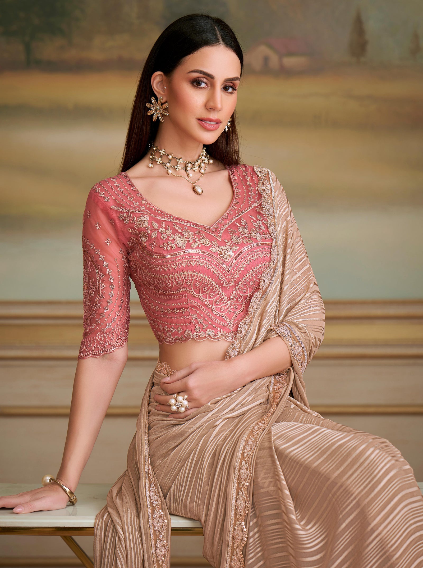 Beige Solid Poly Georgette Saree with Poly Silk Blouse