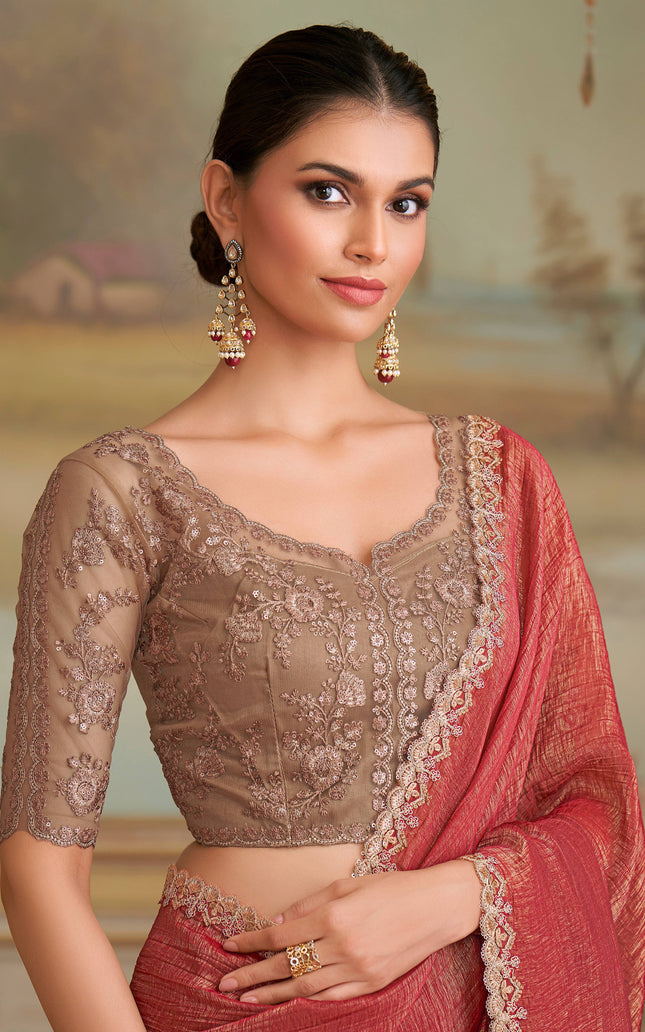 Orange Solid Poly Georgette Saree with Poly Silk Blouse