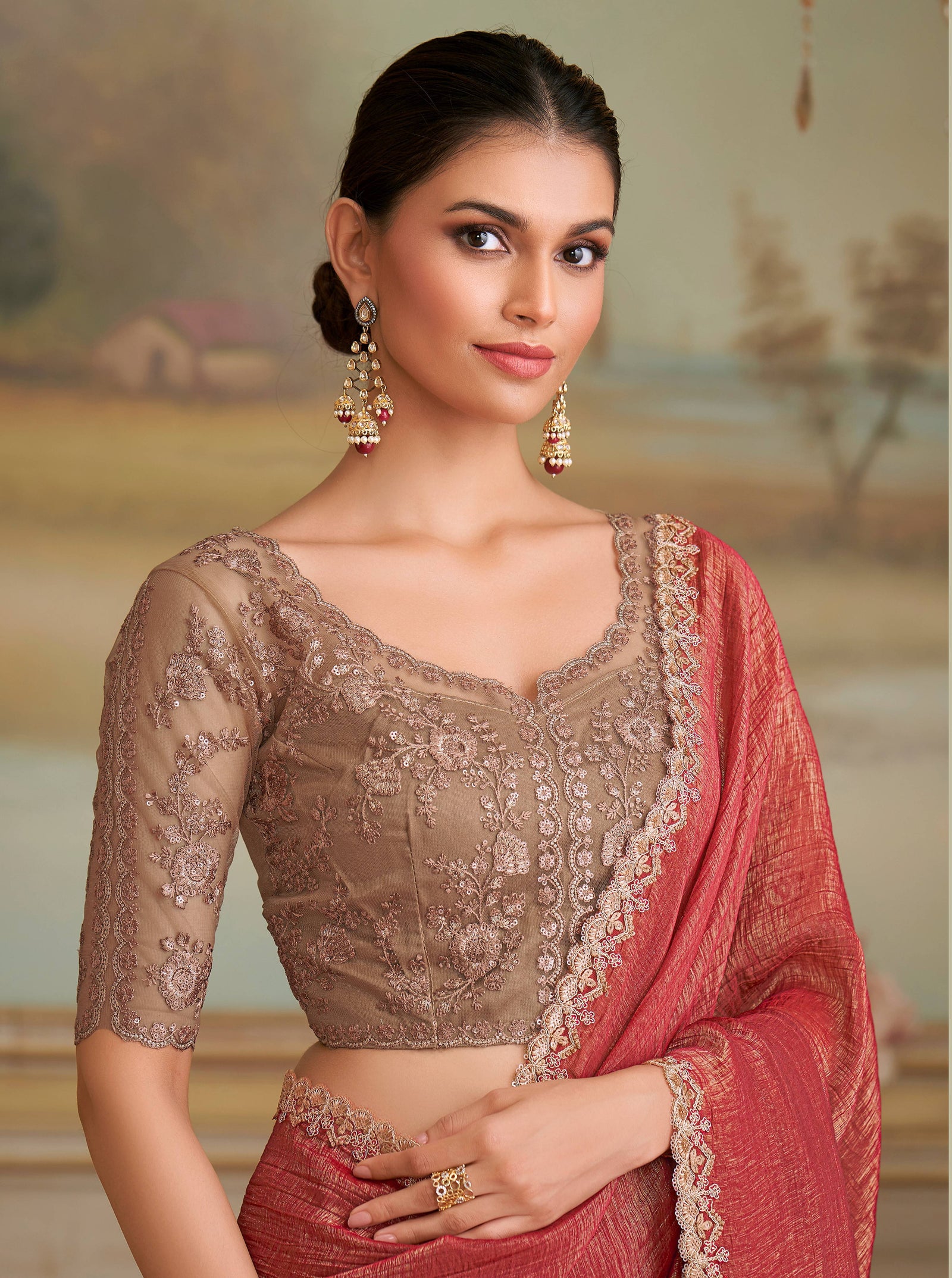 Orange Solid Poly Georgette Saree with Poly Silk Blouse
