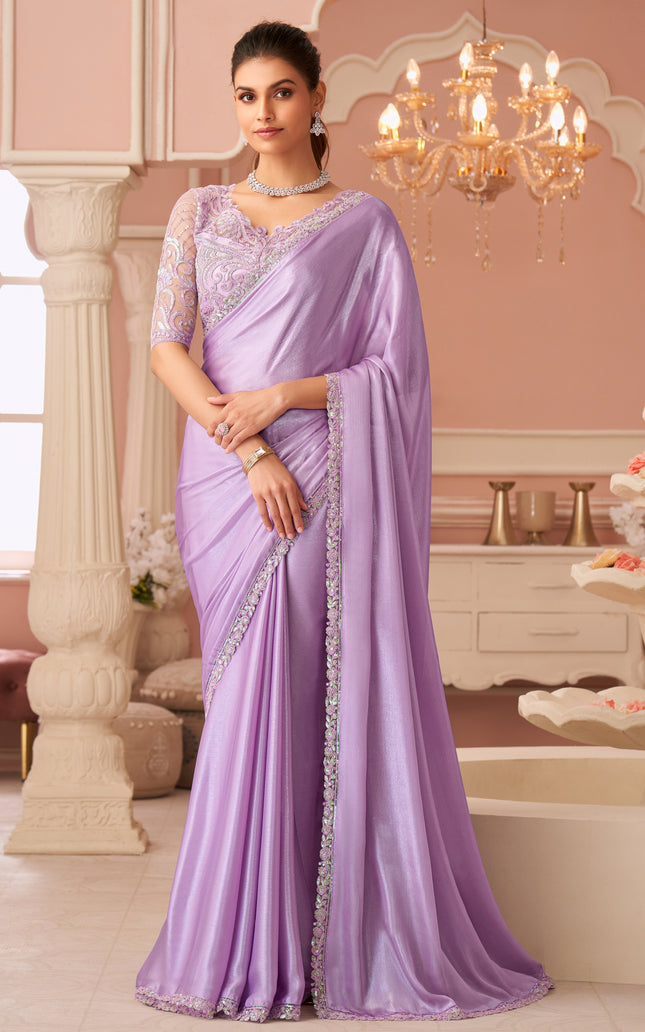 Lavender Solid Poly Georgette Saree with Silk Blend Blouse