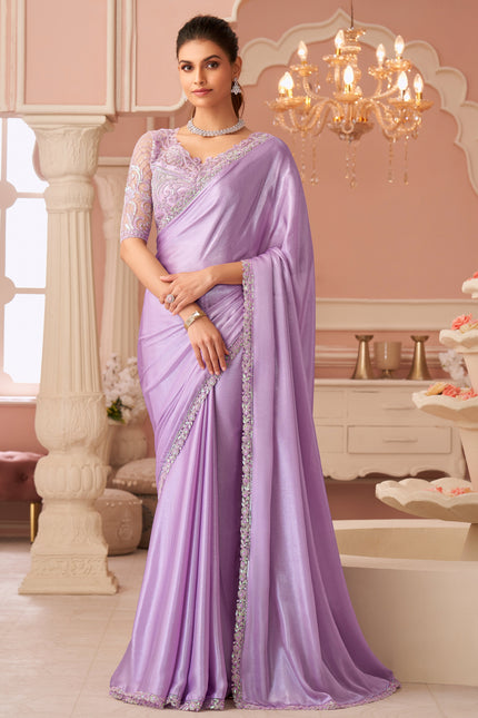 Lavender Solid Poly Georgette Saree with Silk Blend Blouse