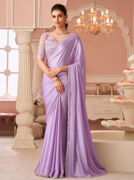 Lavender Solid Poly Georgette Saree with Silk Blend Blouse