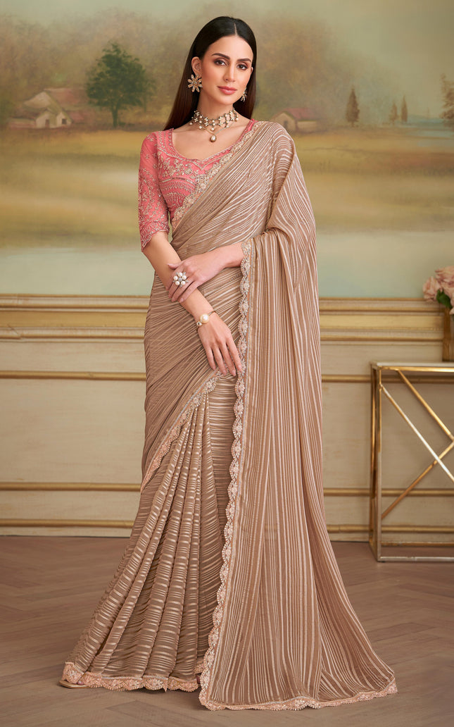Beige Solid Poly Georgette Saree with Poly Silk Blouse