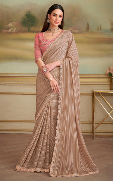 Beige Solid Poly Georgette Saree with Poly Silk Blouse