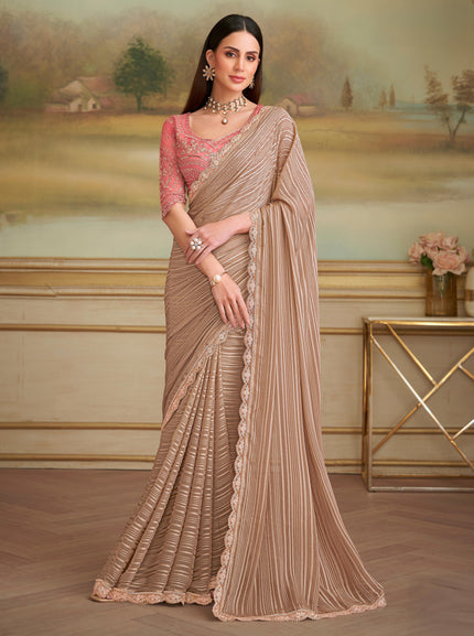 Beige Solid Poly Georgette Saree with Poly Silk Blouse