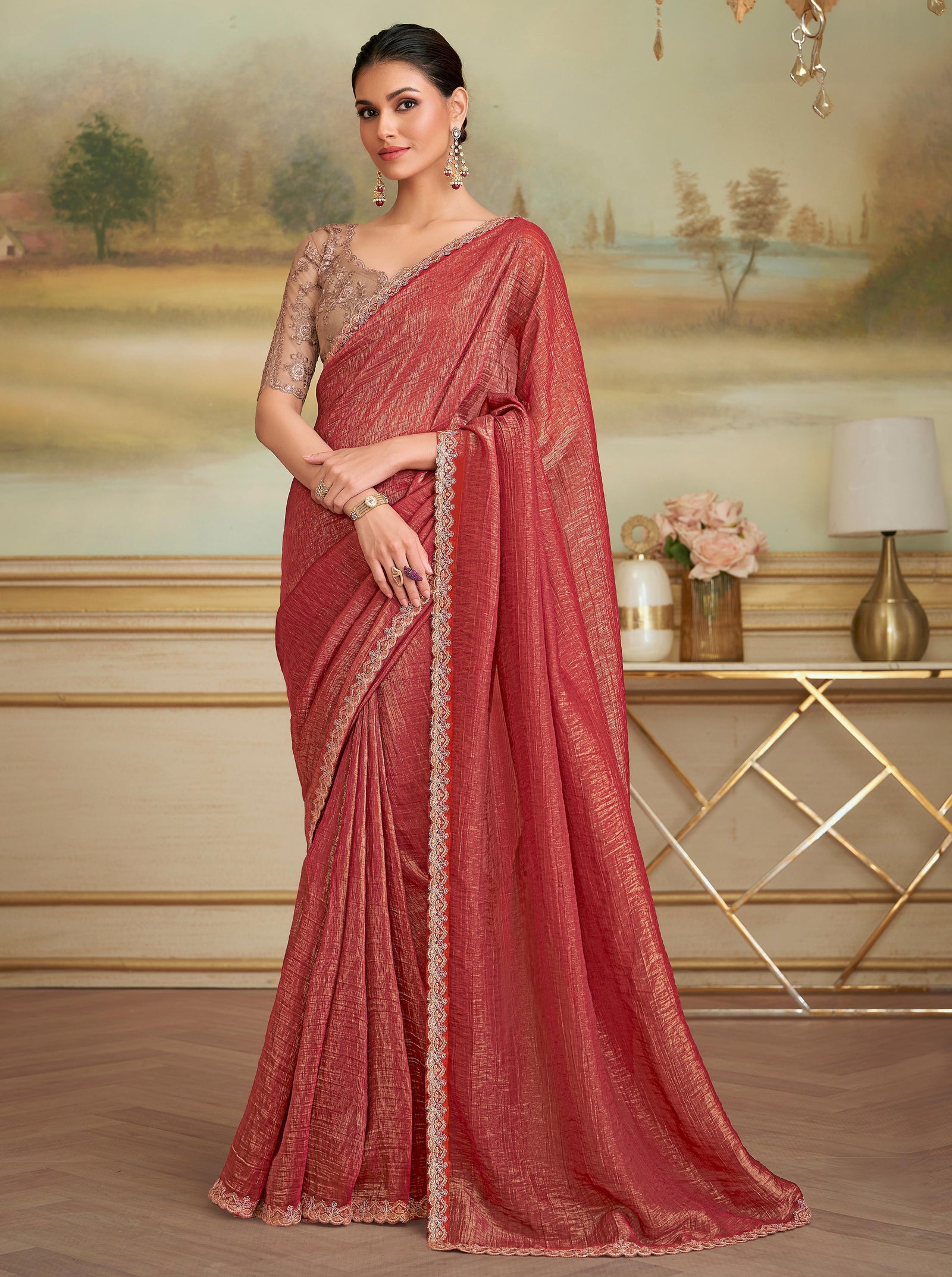 Orange Solid Poly Georgette Saree with Poly Silk Blouse