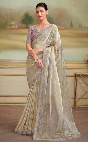 Gold Solid Poly Georgette Saree with Poly Silk Blouse