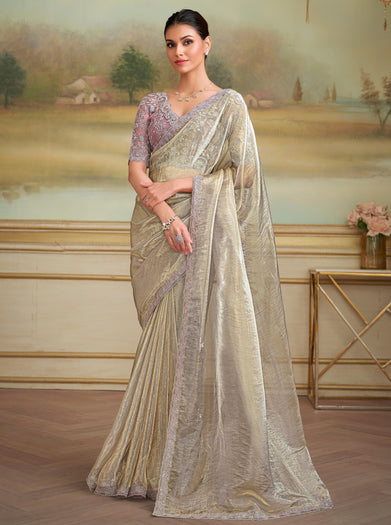 Gold Solid Poly Georgette Saree with Poly Silk Blouse