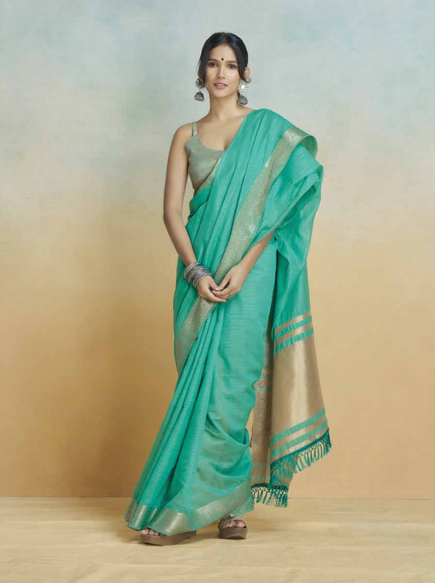 Banarasi Border, Pure Handloom Khadi Silk With Chit Pallu & Tassels (Aqua Blue)