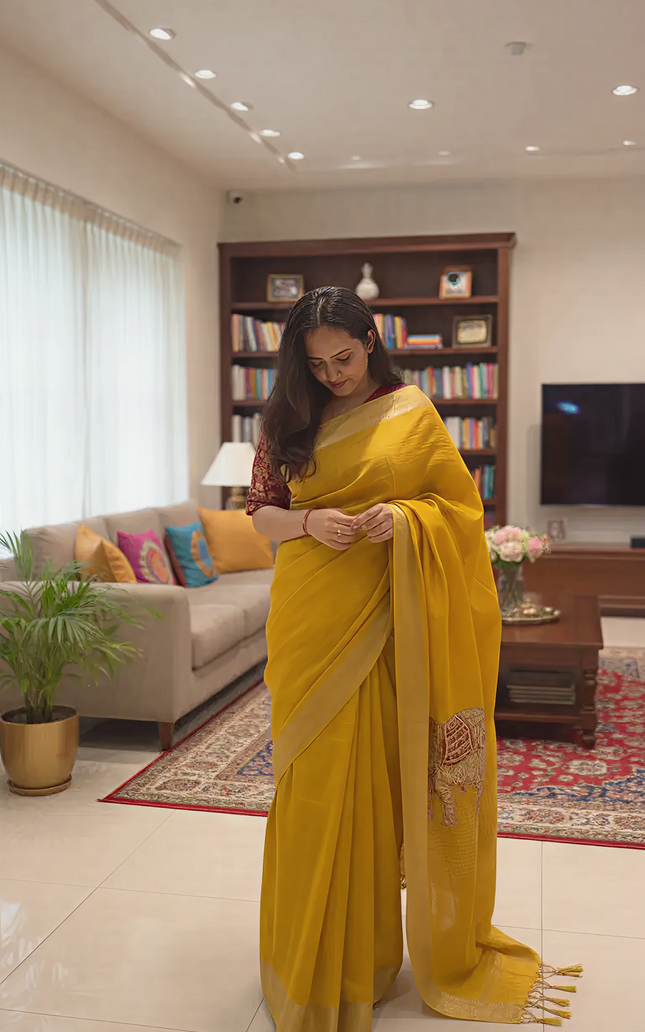 Moonlit Sage Tissue Organza Saree (Yellow)