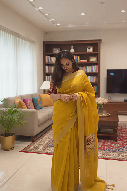 Moonlit Sage Tissue Organza Saree (Yellow)