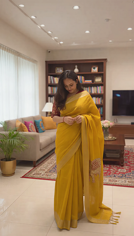 Moonlit Sage Tissue Organza Saree (Yellow)