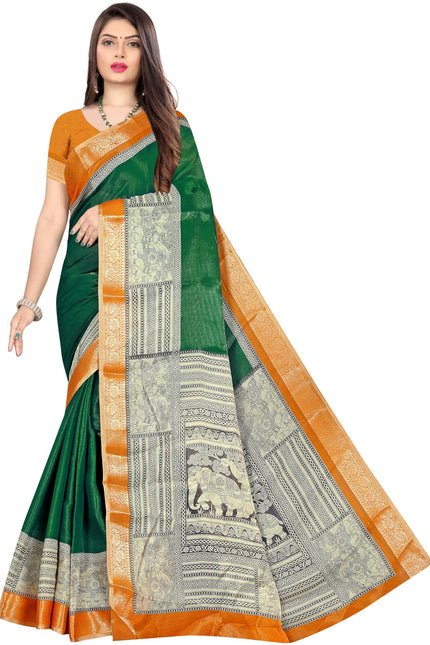 Women's Cotton Silk Plain Saree Having Contrast Weaving Zari Border with Blouse Piece, Saree for Women