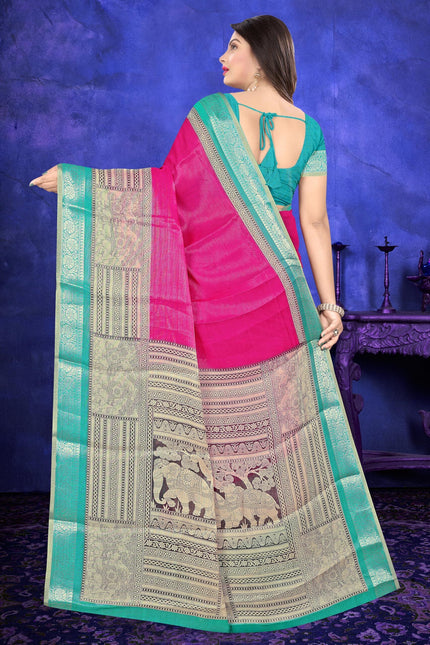 Women's Cotton Silk Saree with Contrast Zari Border (Pink)