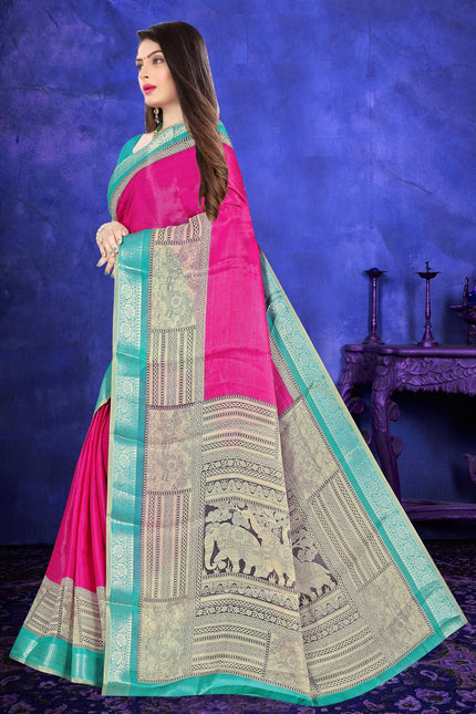 Women's Cotton Silk Saree with Contrast Zari Border (Pink)