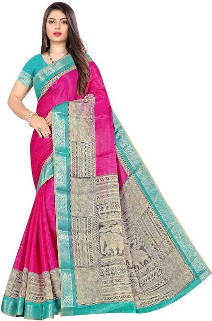 Women's Cotton Silk Saree with Contrast Zari Border (Pink)
