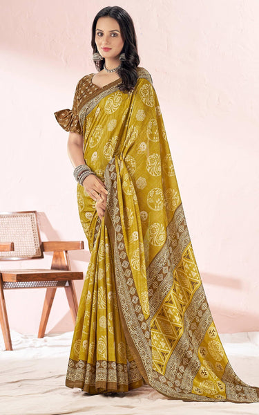Printed Daily Wear Cotton Silk, Tussar Silk Saree (Mustard)