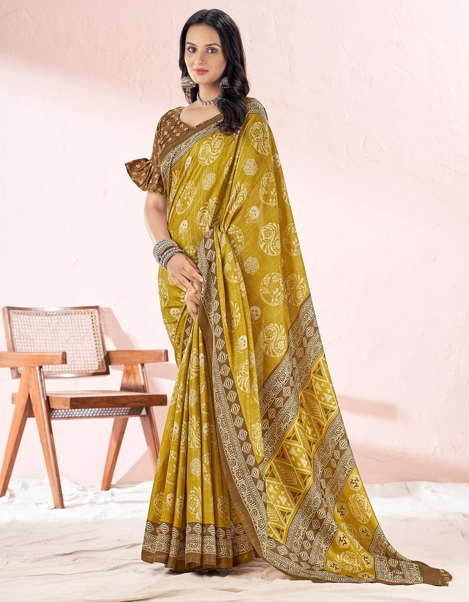 Printed Daily Wear Cotton Silk, Tussar Silk Saree (Mustard)