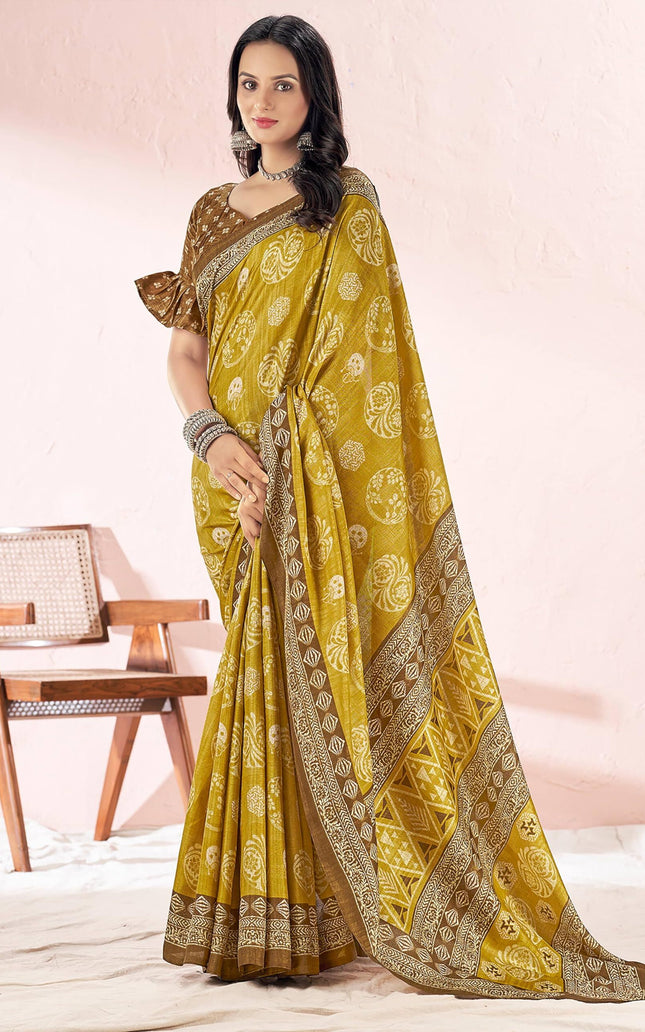 Printed Daily Wear Cotton Silk, Tussar Silk Saree (Mustard)