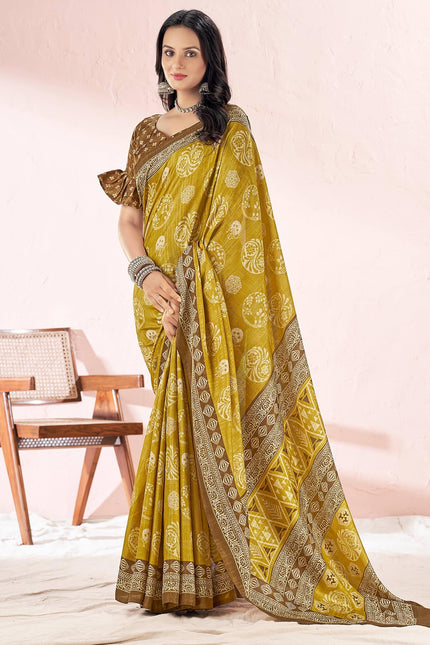 Printed Daily Wear Cotton Silk, Tussar Silk Saree (Mustard)