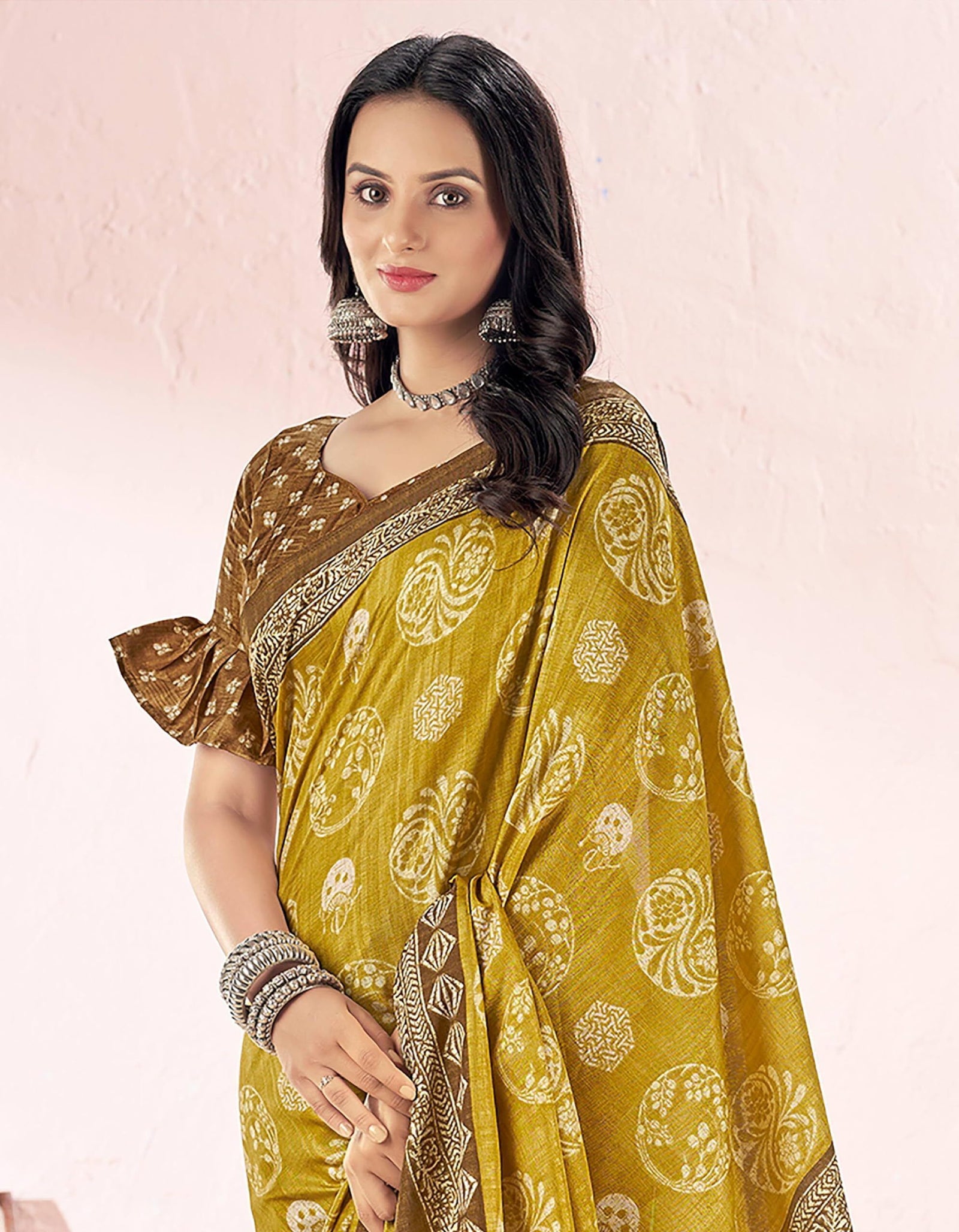 Printed Daily Wear Cotton Silk, Tussar Silk Saree (Mustard)