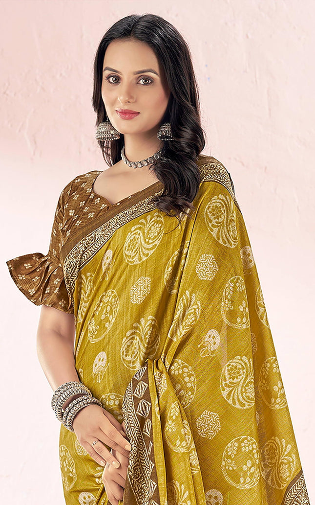 Printed Daily Wear Cotton Silk, Tussar Silk Saree (Mustard)