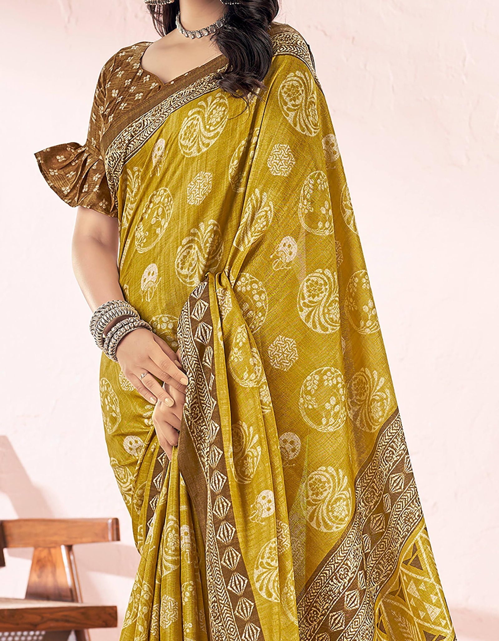 Printed Daily Wear Cotton Silk, Tussar Silk Saree (Mustard)