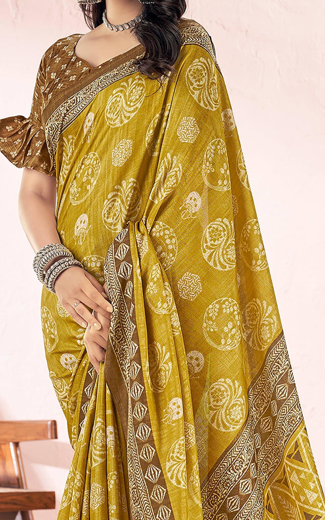 Printed Daily Wear Cotton Silk, Tussar Silk Saree (Mustard)