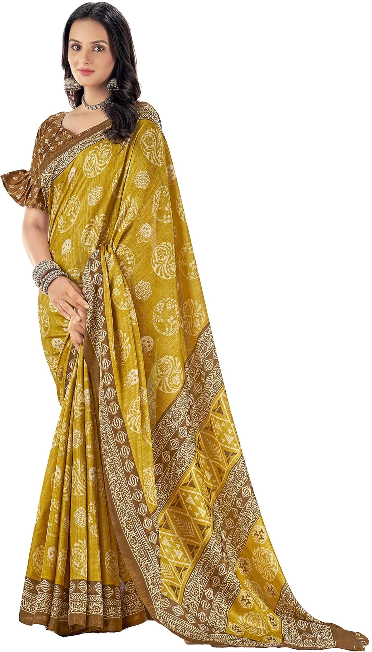 Printed Daily Wear Cotton Silk, Tussar Silk Saree (Mustard)