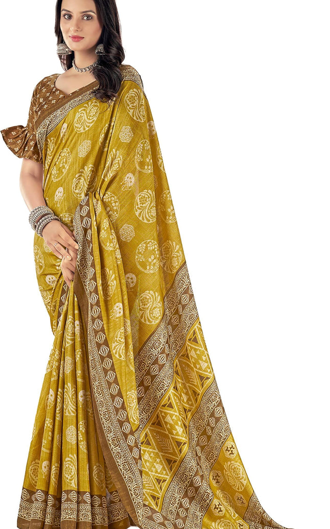 Printed Daily Wear Cotton Silk, Tussar Silk Saree (Mustard)
