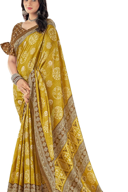 Printed Daily Wear Cotton Silk, Tussar Silk Saree (Mustard)
