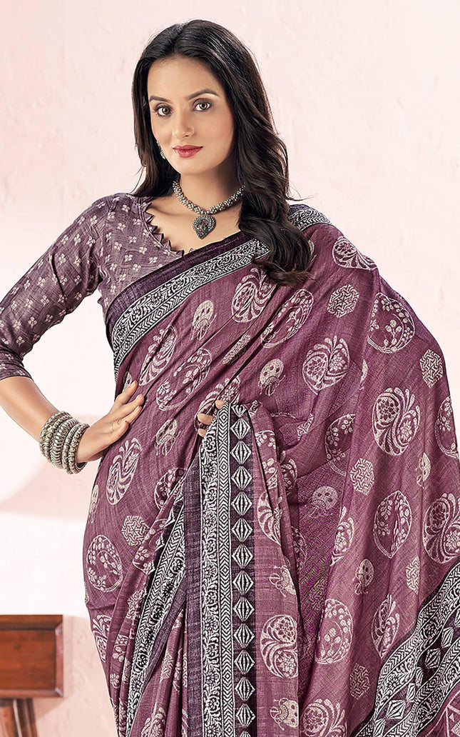 Printed Daily Wear Cotton Silk, Tussar Silk Saree (Purple)