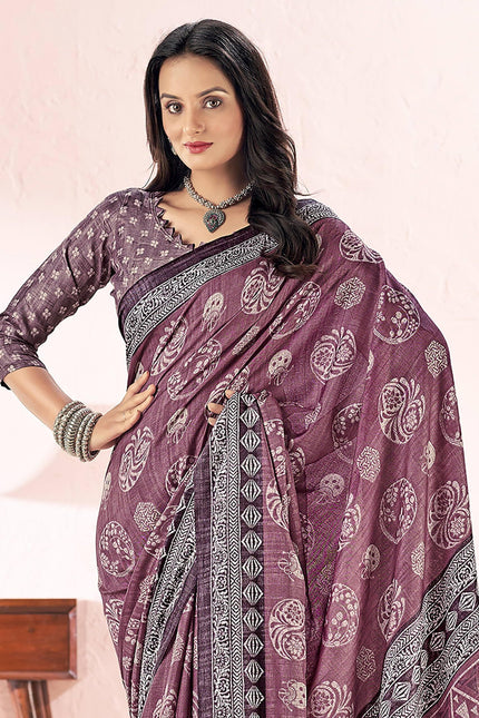 Printed Daily Wear Cotton Silk, Tussar Silk Saree (Purple)