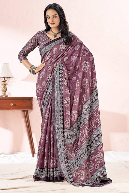 Printed Daily Wear Cotton Silk, Tussar Silk Saree (Purple)