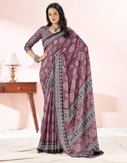 Printed Daily Wear Cotton Silk, Tussar Silk Saree (Purple)