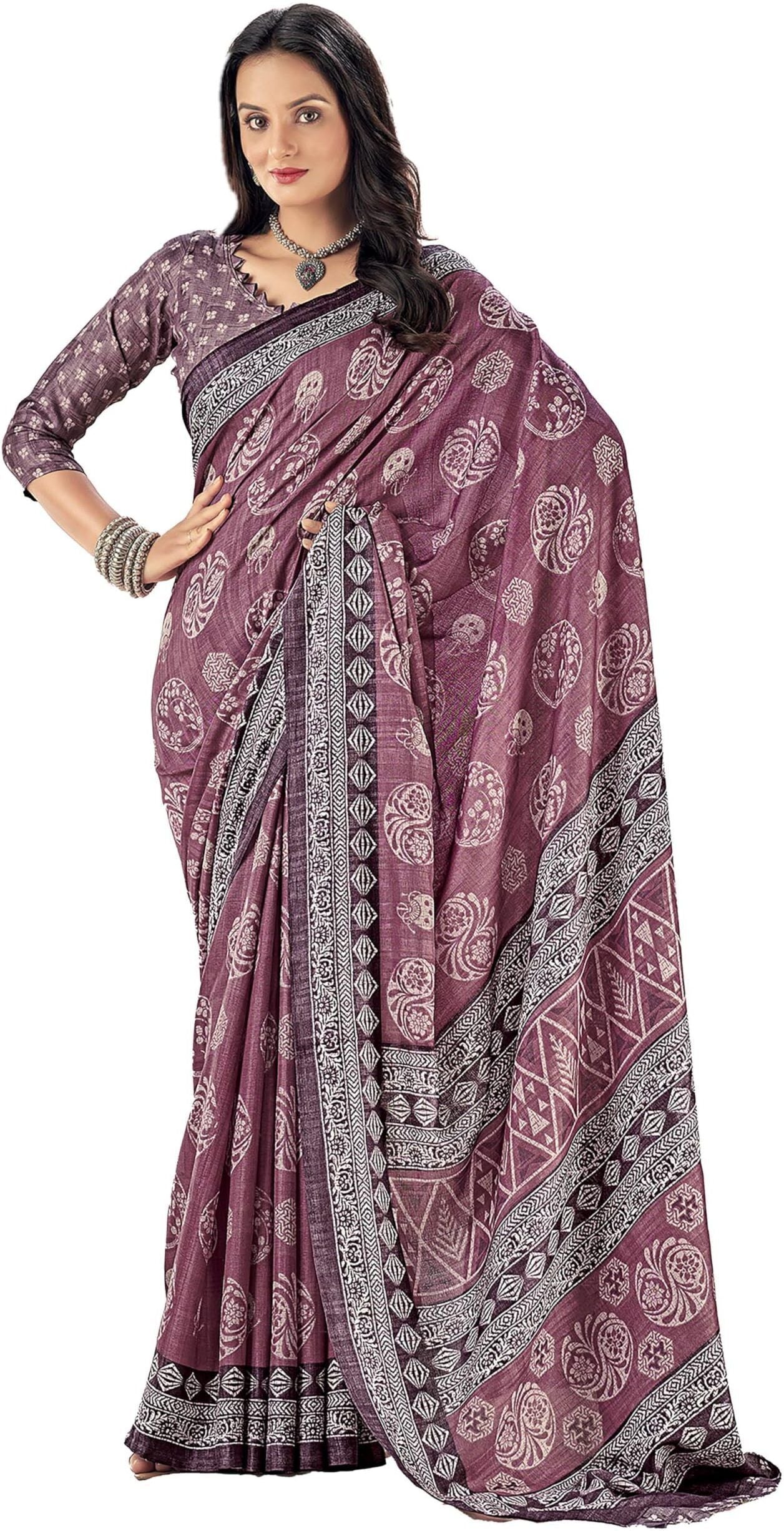Printed Daily Wear Cotton Silk, Tussar Silk Saree (Purple)
