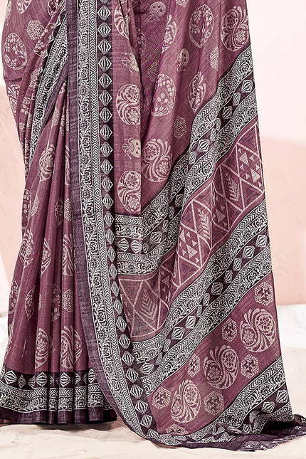 Printed Daily Wear Cotton Silk, Tussar Silk Saree (Purple)