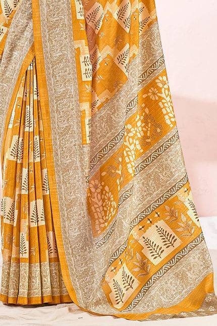 Printed Daily Wear Cotton Silk, Tussar Silk Saree (Gold)