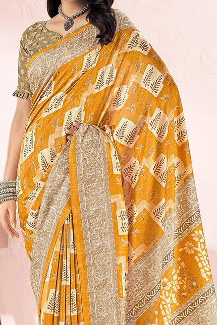 Printed Daily Wear Cotton Silk, Tussar Silk Saree (Gold)