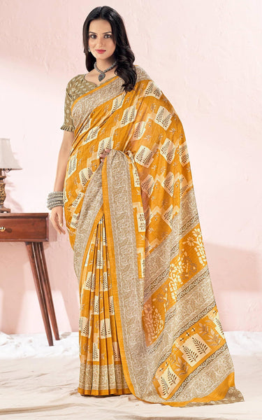 Plain Self Printed, Italian Silk Crape Saree With Contrast Pallu (Gold)