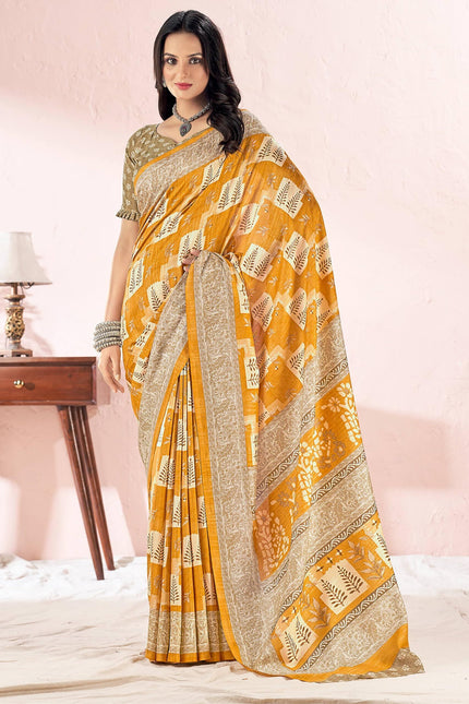 Printed Daily Wear Cotton Silk, Tussar Silk Saree (Gold)