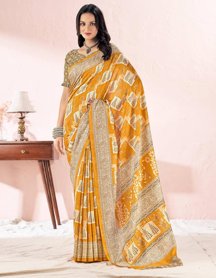 Printed Daily Wear Cotton Silk, Tussar Silk Saree (Gold)